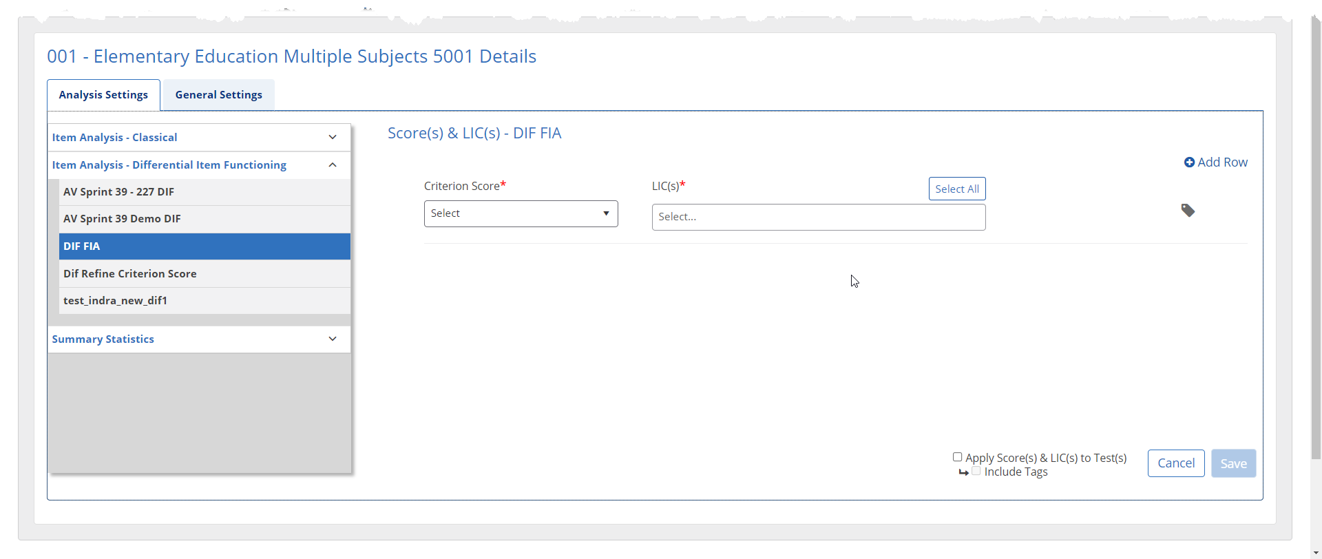 DIF Test Settings Scores